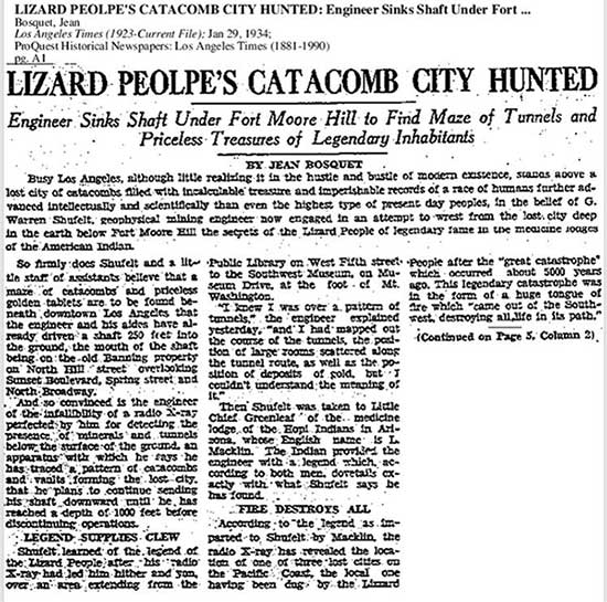 Năm 1933, tờ Los Angeles Times đã đăng tải hành trình tìm kiếm kho báu thuộc về người thằn lằn của Shufelt và một tờ báo khác là Associated Press đã lan truyền tin này đi khắp nước Mỹ. Thành phố dưới lòng đất được cho là có hình dạng giống như một con thằn lằn, trải dài từ công viên Elysia đến thư viện trung tâm Los Angeles ngày nay.