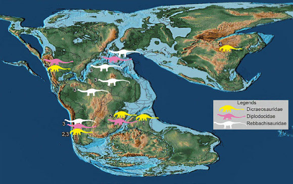 Bản đồ phân bố của các loài khủng long chân thằn lằn trên siêu lục địa Pangea (còn gọi là Pangaea hay Toàn Lục Địa, từng tồn tại trong đại Trung Sinh) - (Ảnh: Bajpai)