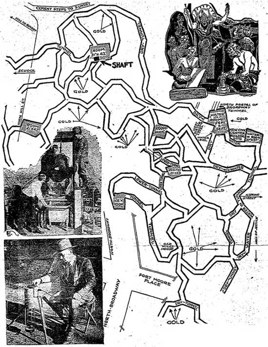 Bản đồ mô tả chi tiết phạm vi của thành phố ngầm ở Los Angeles. Được đăng trên tờ Los Angeles Times vào những năm 1930. Shufelt tuyên bố, ông đã tìm thấy vị trí chính xác của một phức hợp ngầm có diện tích 1.765 mét vuông cùng 16 căn phòng cất giấu vàng. Shufelt đã phát hiện những cấu trúc bên dưới đồi Fort Moore ở Los Angeles nhờ vào chiếc máy X-quang của mình.
