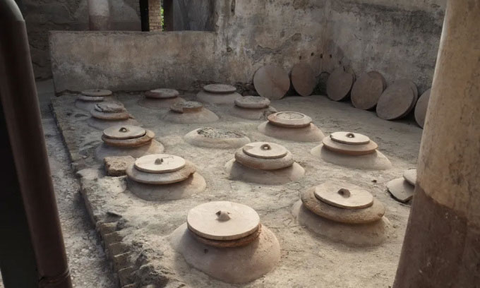 Các bình dolia bị chôn vùi trong hầm rượu ở thị trấn Boscoreale, Italy. (Ảnh: E. Dodd/Ministryo della Cultura/Parco Archaeologico di Pompei).