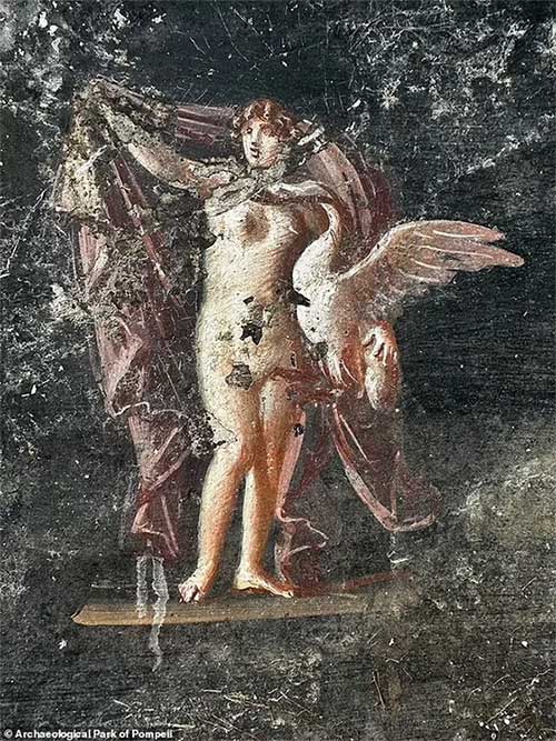 Bích họa mô tả Leda, mẹ của Helen thành Troy, sắp thụ thai với vị thần Hy Lạp Zeus cải trang thành một con thiên nga. (Nguồn: Archaeological Park of Pompeii).
