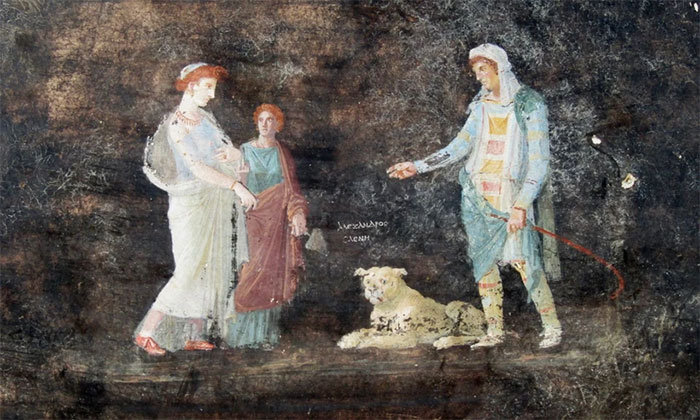 Bích họa mô tả Helen gặp Paris, hoàng tử của thành Troy, lần đầu tiên. (Ảnh: AFP/Getty Images).