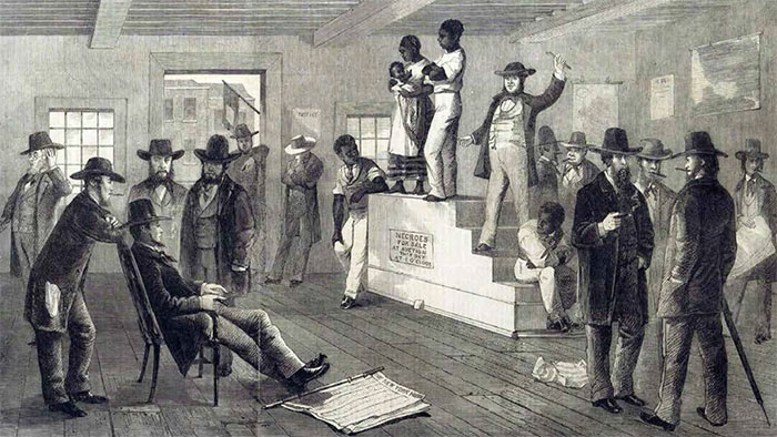 Nô lệ châu Phi ở Thế Giới Mới bị mua, bán như gia súc. Bức tranh này mô tả cảnh đấu giá một nô lệ ở Virginia, Mỹ. (Ảnh: The Illustrated London News, 16/2/1861).