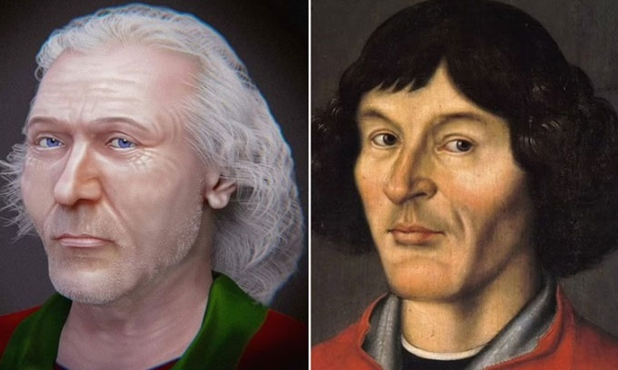 Hình ảnh gương mặt phục dựng (trái) và tranh chân dung sau khi chết của Copernicus (phải). (Ảnh: Cicero Moraes).