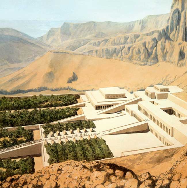 Hình minh họa ngôi đền Hatshepsut ở thời kỳ đỉnh cao huy hoàng. (Ảnh: National Geographic).