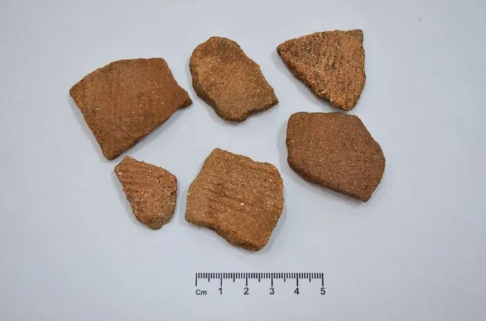 Các mảnh gốm có hoa văn thời tiền sử. (Ảnh: Xuân Toản).