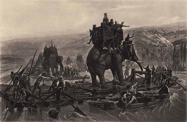 Đội quân lính cùng voi chiến vượt sông Rhone của Hannibal. (Ảnh: Public domain).