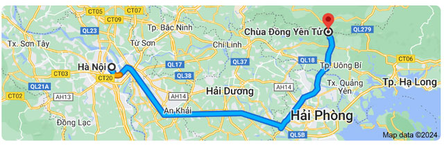 Chùa Đồng Yên Tử cách Hà Nội khoảng 130km. (Ảnh: Google Maps)