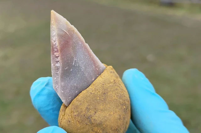 Một lưỡi dao đá được gắn chặt vào phần tay cầm bằng loại keo dán nhựa đường - đất son bền chắc qua hàng chục ngàn năm - (Ảnh: Patrick Schmidt).