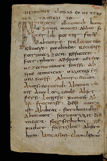 Trang đầu tiên của St. Gall Codex Abrogans (Stiftsbibliothek, cod. 911), văn bản lâu đời nhất bằng tiếng Thượng Đức cổ. (Ảnh: wikipedia).