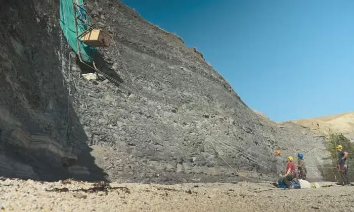  Các nhà sinh vật học đu trên dây để khai quật hóa thạch trên vách đá dựng đứng ở bờ biển Dorset, Anh. (Ảnh: Theguardian).