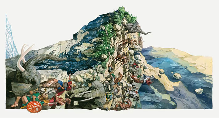 Tình minh họa Hannibal băng qua dãy Alps với voi và ngựa. (Ảnh: Getty Images).