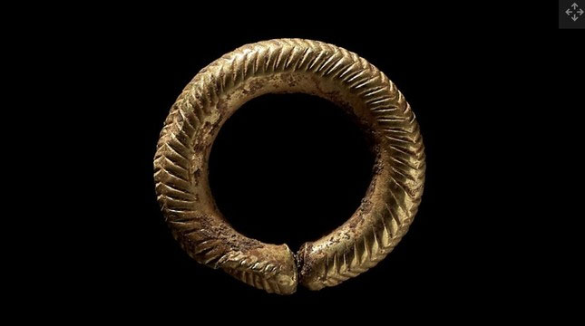 Chiếc vòng nhỏ bằng vàng có họa tiết hình chữ v và xương cá phức tạp (Ảnh tín dụng: © Amgueddfa Cymru - Museum Wales))